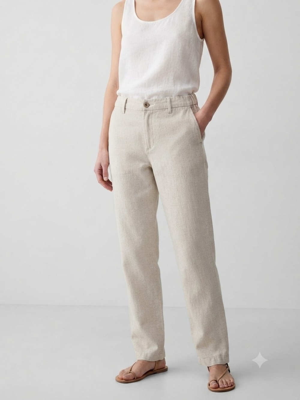 Public Beach Linen Blend Casual Pants Beige Size Small S/P Elastic Waist Coastal